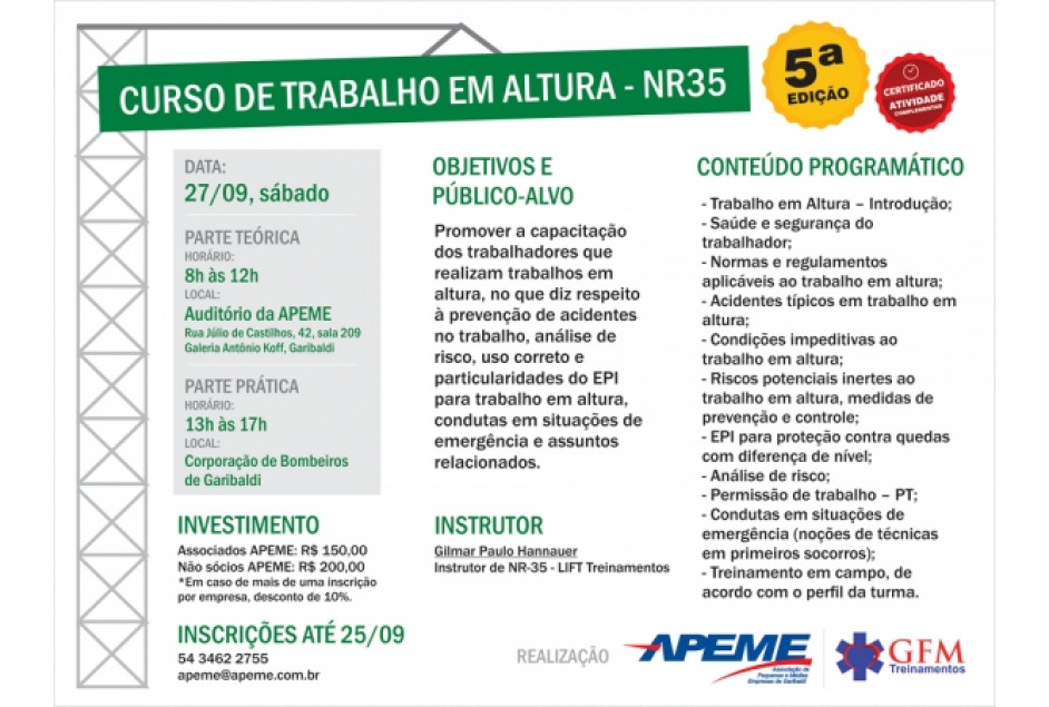 Oportunidade para curso de Trabalho em Altura na APEME