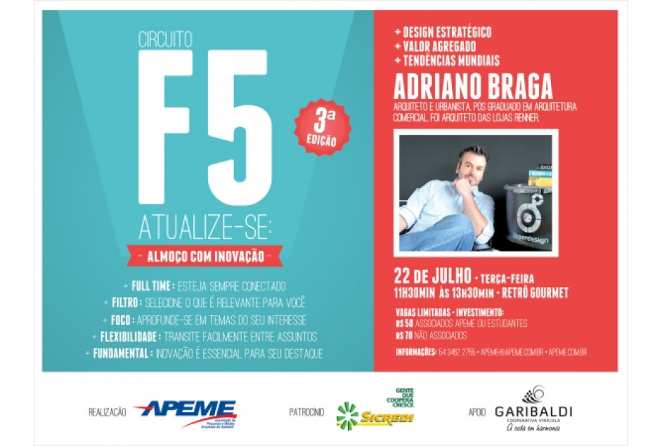 Terceira edição do Circuito F5 terá palestra com Adriano Braga
