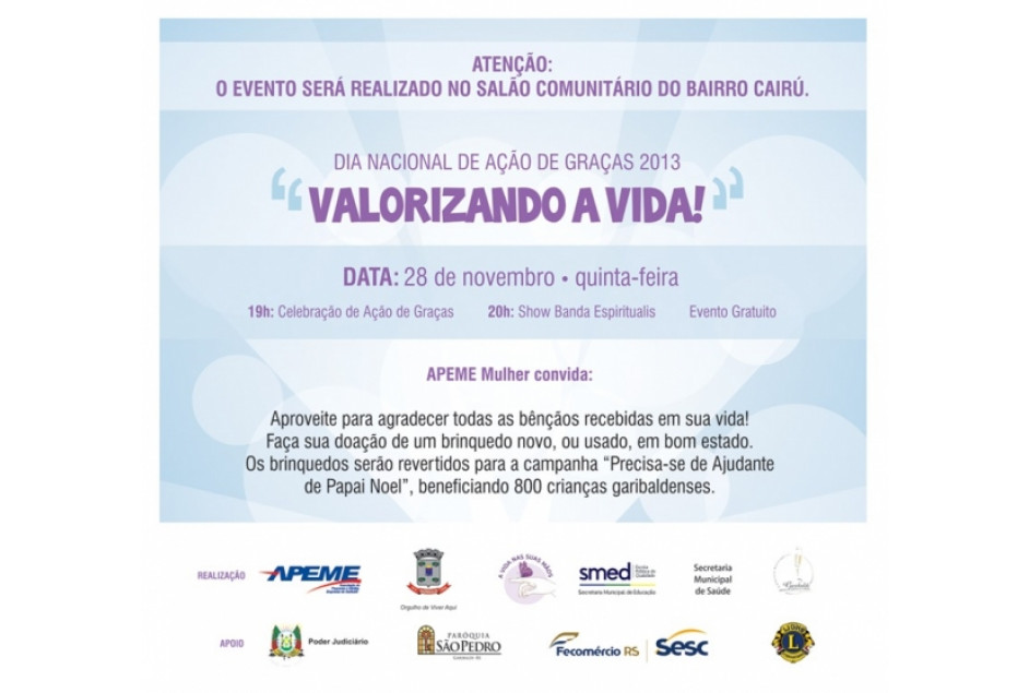 Dia de Ação de Graças será no Salão Comunitário do Bairro Cairú